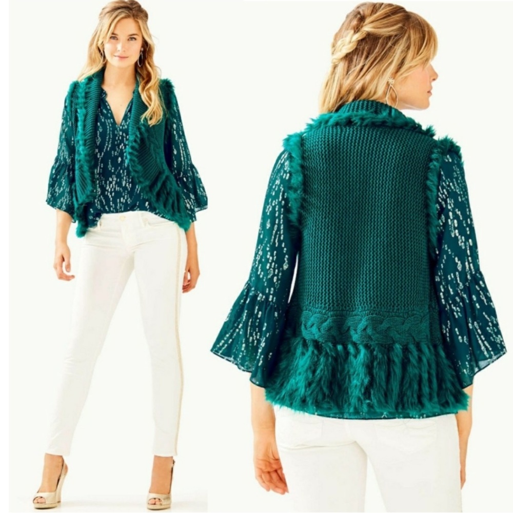 Lilly Pulitzer Torini Faux Fur Sweater Vest Teal